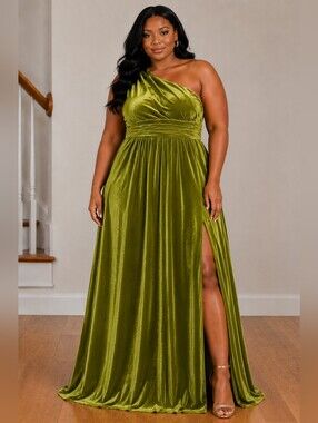 Pomuyoo Olive Green One Shoulder Velvet Maxi Dress | Plus Size Formal Size 20